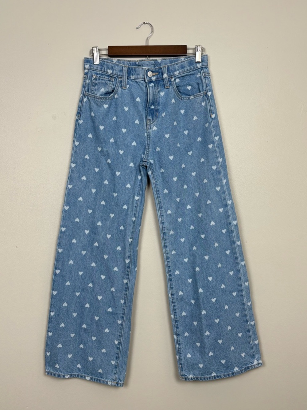 Old Navy Jean Girl 16 Blue Baggy Wide Leg Heart Print High Rise Adjustable Denim